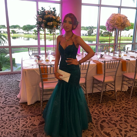 Emerald Green Ruched Corset Metallic Mermaid Prom Dress with Slit LF110 main image 1